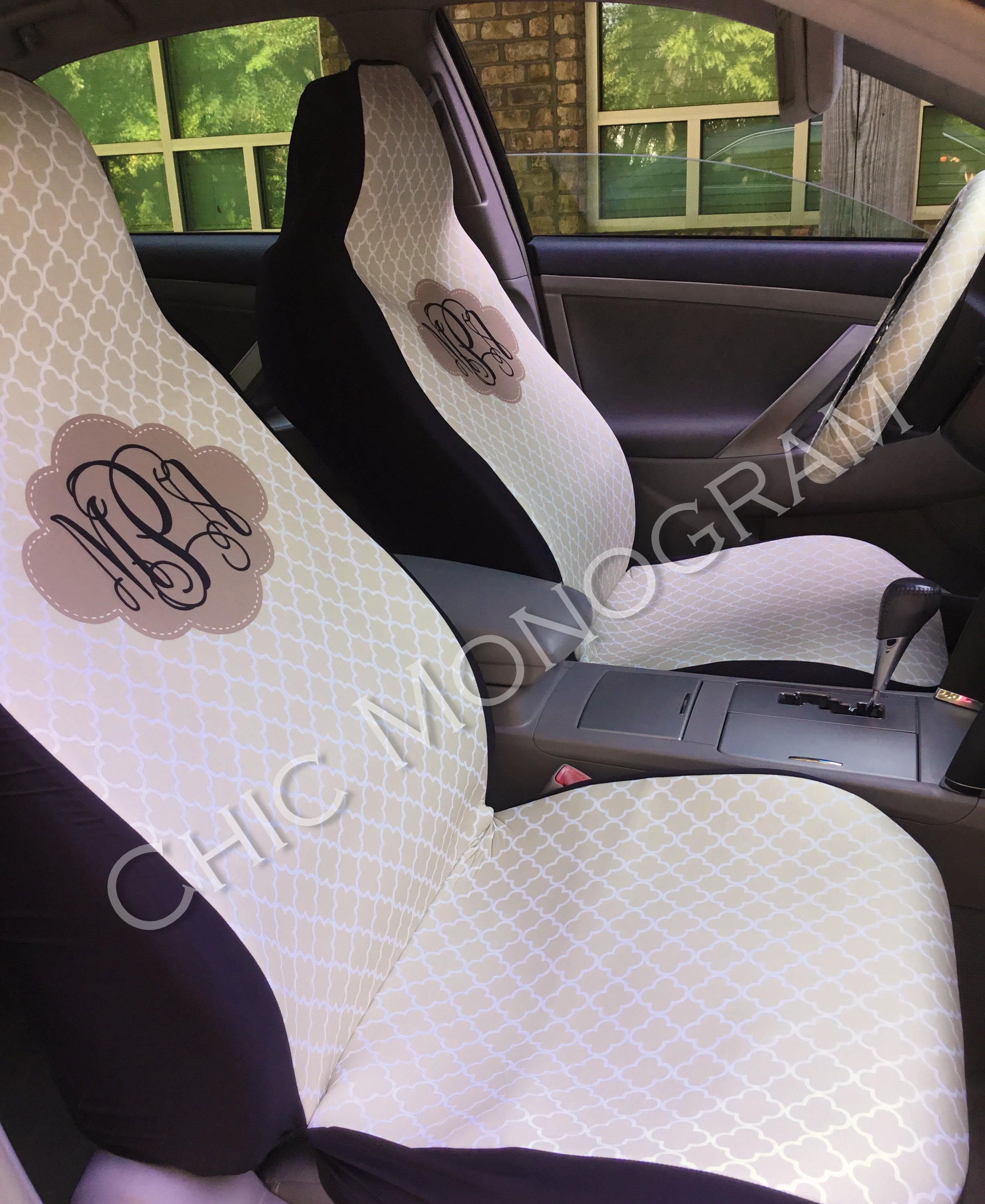 Monogrammed Car Seat Covers Front Seat Covers Custom Steering Wheel Cover Monogram Personalized Seat Cover Car Beige Quatrefoil