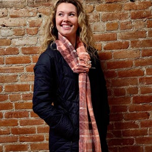 Luxe Fleece adjustable winter scarf Pink/coral plaid scarf mom gift woman