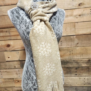 Luxe Fleece adjustable winter scarf, tan with snowflakes