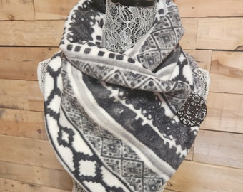 Luxe Fleece wrap winter scarf, dark and light grays