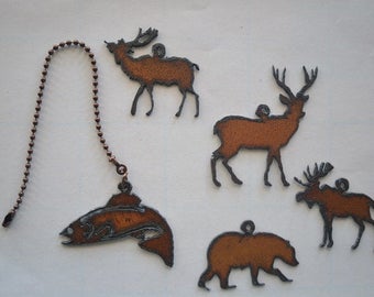 rustic ceiling lights. rustic rusted recycled metal outdoor animals / fish trout bear deer buck moose elk ceiling fan pull light ceiling lights