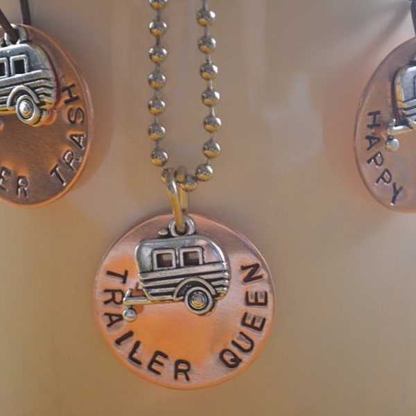 Custom Hand Stamped Trailer Trash, Trailer Queen, Happy Camper Copper Tags with Trailer Charm Necklace