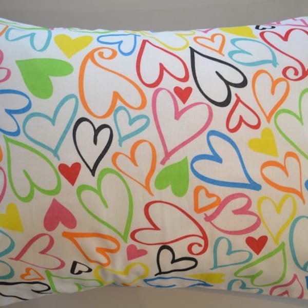 Travel Pillow Case / Child Pillow Case of RAINBOW HEARTS Colors / Heart Pillowcase / Rainbow Decor/ Rainbow Pillowcase / 12"x16" Pillowcase