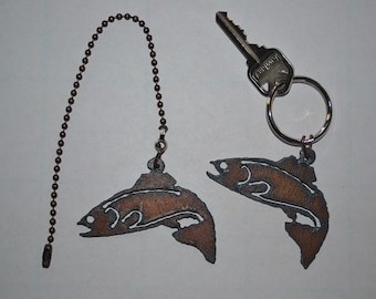 Rustic Rusty Rusted Recycled Metal FISH / TROUT / Outdoor  Fishing Ceiling Fan Pull / Light Pull or Key Chain / Personalized Keychain