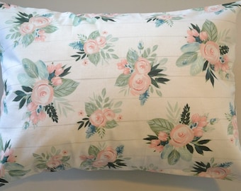 Travel Pillow Case / Accent Pillow Case of Beautiful VINTAGE PINK FLORAL Rose & Lambs Ear / Rose Pillow Cover / Floral / 12"x16" Pillowcase