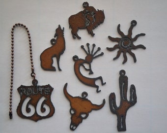Rustic Rusted Recycled Metal SOUTHWEST Route 66/Coyote/Buffalo/Sun/Kokopelli/Buffalo Skull/Saguaro Cactus CEILING  Fan Pull / LIGHT Pull