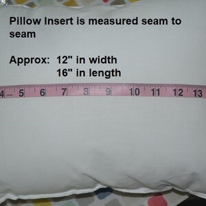 May include: A white pillow insert with a pink measuring tape across it. The text on the pillow reads "Pillow Insert is measured seam to seam Approx: 12" in width 16" in length".