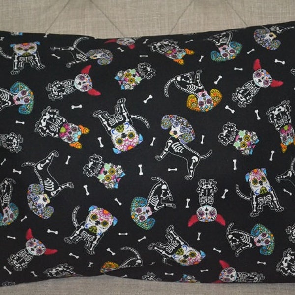 Travel Pillow Case / Child Pillow Case of COLORFUL Skeleton Dogs/ Day of the Dead/Dog Decor/ Day of the Dead Pillowcase / 12"x16" Pillowcase