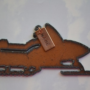 May include: A brown metal snowmobile ornament with a copper tag that says "NAME".
