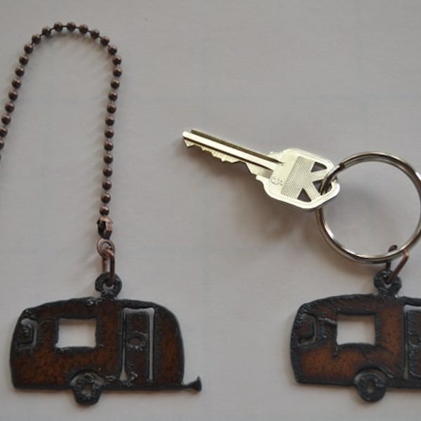 Rustic Rusty Rusted Recycled Metal TRAVEL TRAILER Ceiling Fan Pull / Light Pull or Key Chain / Personalized Keychain