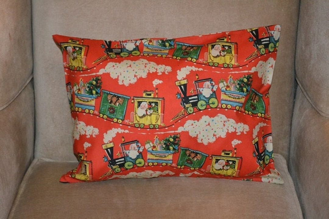 Travel Pillow Case / Child Pillow Case Vintage Train Pattern of SANTA