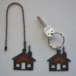 Rustic Rusty Rusted Recycled Metal CABIN / HOUSE / LODGE / Fan/Light Pull or Key Chain / Personalized Keychain