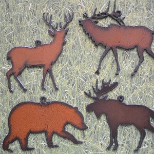CABIN HUNTER THEMED made of Rustic Rusty Rusted Recycled Metal Deer / Elk / Bear / Moose Ornament or Magnet