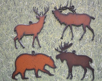 CABIN HUNTER THEMED made of Rustic Rusty Rusted Recycled Metal Deer / Elk / Bear / Moose Ornament or Magnet