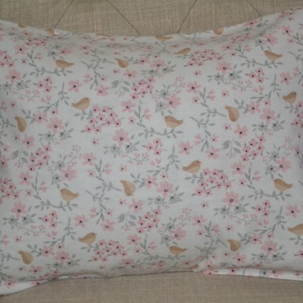 Travel Pillow Case /Accent Pillow Case Soft Flannel BIRDS with Flowers /Spring Pink Birds Cover/flannel Birds/Bird Decor /12"x16" Pillowcase