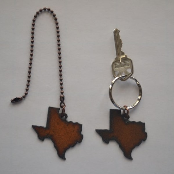 Rustic Rusty Rusted Recycled Metal Charm TEXAS STATE / Dallas / Houston / Ceiling Fan Pull / Light Pull or Key Chain / Personalized Keychain