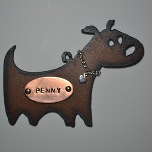 CARTOON CHUBBY DOG with Chain Collar and Heart made of Rustic Rusty Rusted Recycled Metal Personalized Dog Ornament or Magnet