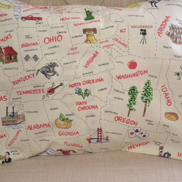 Travel Pillow Case / Child Pillow Case of STATES and CAPITALS / Route 66 Decor / Map Pillowcase / Rt 66 Pillow Cover / 12"x16" Pillowcase