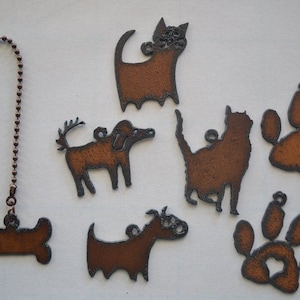 Rustic Rusted Recycled Metal CRITTERS  Dog Bone / Cartoon Dogs / Cartoon Cats / Kittens / Paw Prints CEILING  Fan Pull / LIGHT Pull