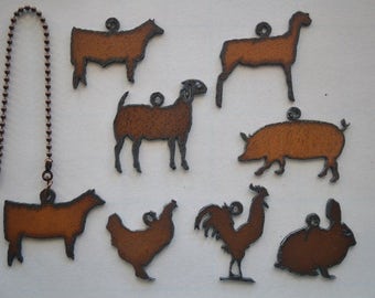 Rustic Rusted Metal Show Animals/Farm Animal/Heifer/Steer/Lamb/Goat/Pig/Hen/Rooster/Rabbit/Fan Pull/Light Pull/Ceiling Fan Pull Chain