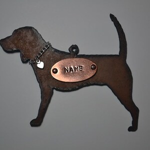 BEAGLE with Heart Chain Collar made of Rustic Rusty Rusted Recycled Metal Custom PERSONALIZE BEAGLE with Collar Ornament or Magnet