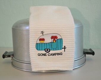 Embroidered Bar Mop Towel / Kitchen Towel / TRAILER / CAMPER  Towel / Gone Camping / Happy Camper / Novelty Towel / Hostess Gift