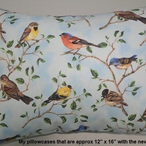 May include: A light blue pillowcase with a repeating pattern of colorful birds perched on branches. The pillowcase is 12 inches by 16 inches.