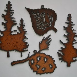 CABIN THEME DECOR made of Rustic Rusty Rusted Recycled Metal Double Pine Trees / Aspen Leaf / Single Pine Tree / PineCone Ornament or Magnet