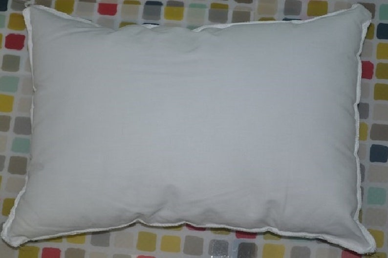 May include: A white pillow with a white border. The pillow is lying flat on a colorful patterned surface.
