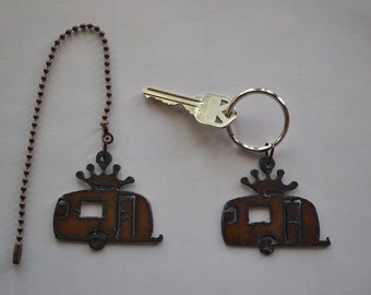 Rustic Rusty Rusted Metal Charm GLAMPER CAMPER/Trailer w/Crown Ceiling Fan Pull / Light Pull or Key Chain / Personalized Keychain