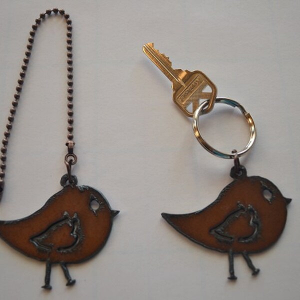 Rustic Rusty Rusted Recycled Metal Charm WHIMSICAL BIRD Ceiling Fan Pull / Light Pull or Key Chain / Personalized Keychain