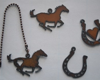 Rustic Rusted Recycled Metal WESTERN Horses / Horseshoe / Horse / CEILING  Fan Pull / LIGHT Pull