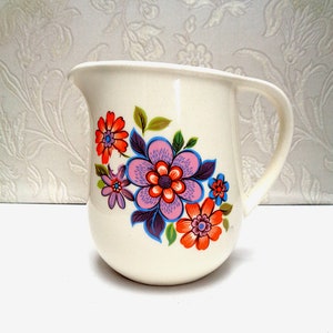 for milk or custard Retro Romanian orange flowers jug Romania Made by Faianta Sighisoara Cute retro 60s 70s flower power design.