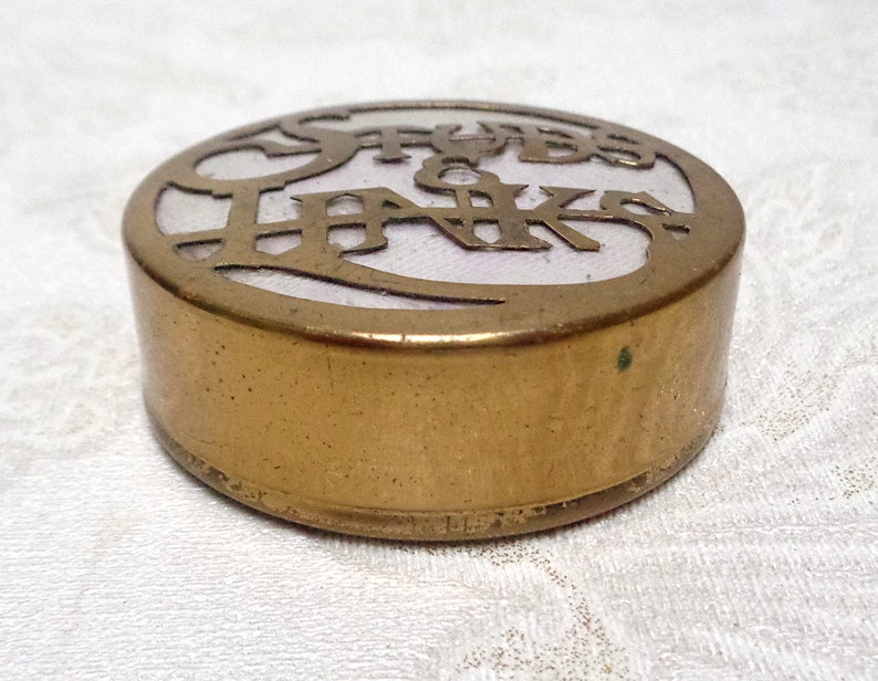 Antique box brass cufflink case for tuxedo studs and cufflinks including 4 sets of vintage mens links and studs