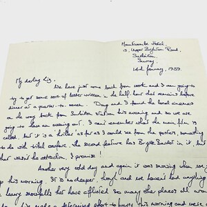 May include: A handwritten letter on off-white paper dated 14th January, 1959, from Mountcombe Hotel, 13, Upper Brighton Road, Surbiton, Surrey. The blue ink text addresses My darling Liz and discusses plans to see a thriller film at the local cinema.