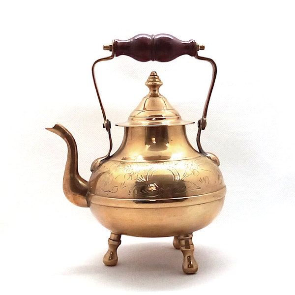 Antique Brass teapot from India with a wooden hinged handle brass ornamental teapot hand etched made in India vintage brass kitchen decor