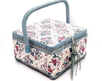 Vintage sewing box from Ireland a sewing basket with lid craft box gift from the 1960s vintage home decor blue sewing box with wicker handle