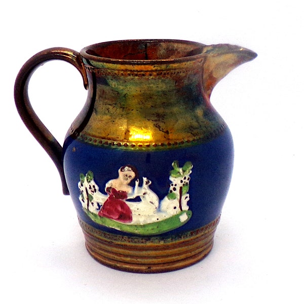 Antique milk jug copper lusterware from 1800s decorative ceramic creamer blue & gold antique home decor English Antique Victorian home decor