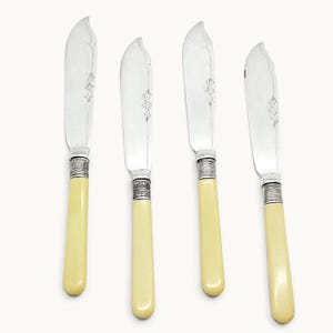 May include: A set of four silver-plated knives featuring curved blades with engraved floral details, silver ferrules with ribbed textures, and smooth, cream-colored handles. The knives are arranged vertically against a plain white background.