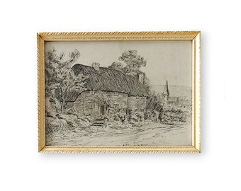 Pen and ink drawing original art work Irish landscape vintage framed art old country cottage Irish village scene in pen framed ink drawing