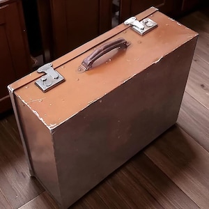 Antique Metal Suitcase | 1920s Large Brown Case | Made in England | Vintage Metal Luggage | Chrome Locks Leather Handle | Old Travel Trunk