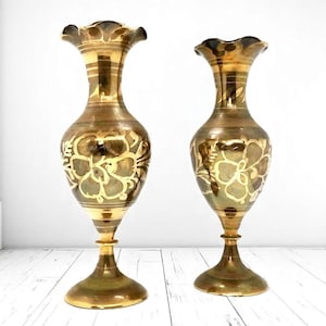Vintage Brass Vases | Pair Engraved Indian Vases | Long-Stemmed Flower Holders | Tall Brass Decor | Gift for Flower Lover | Vases from India