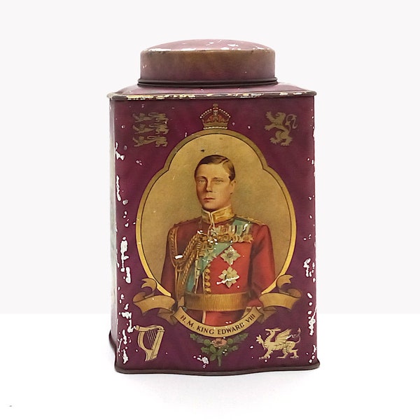 UK Royalty tea tin antique souvenir tin cannister King Edward VIII coronation Buckingham Palace Windsor Castle images Royal memorabilia *