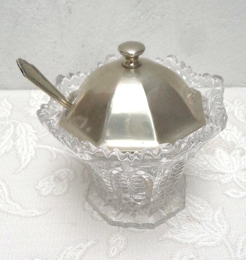 Antique Glass Sugar bowl with a silver plate lid and spoon Etsy