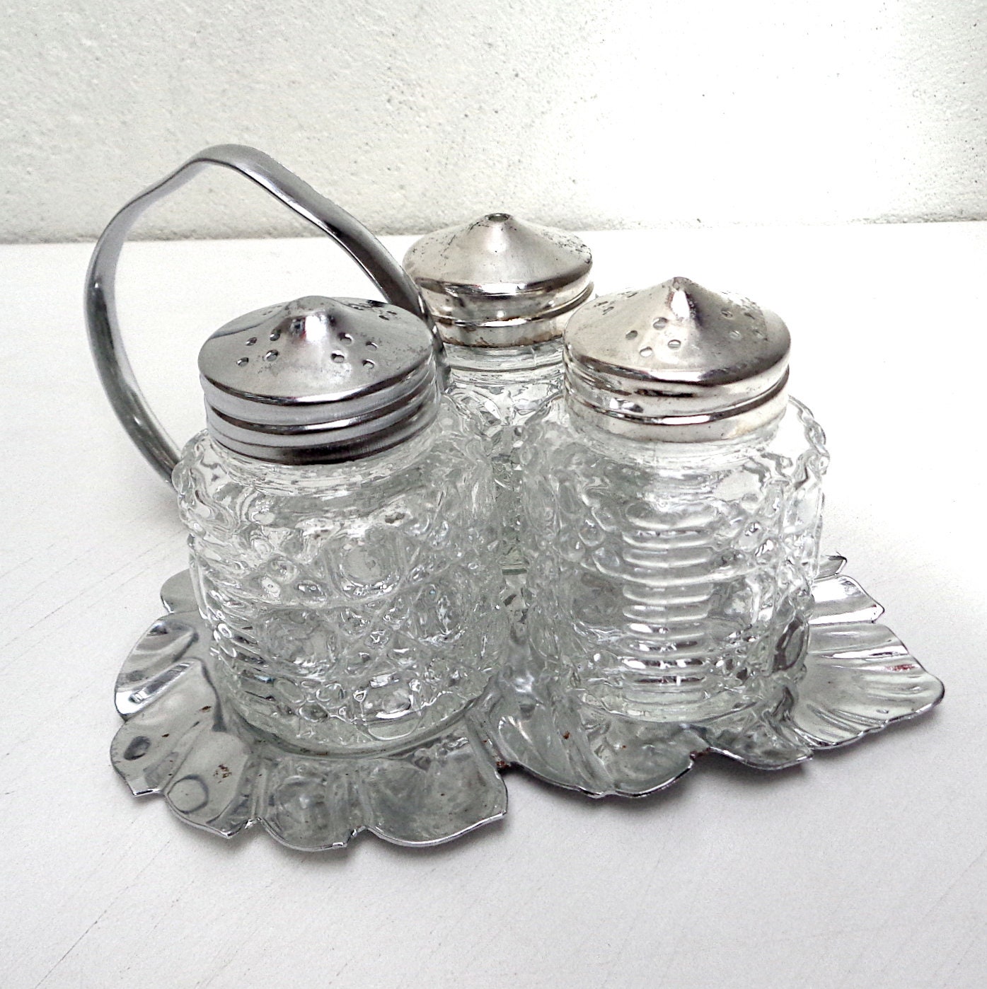 Vintage glass condiment set with a metal chrome plate tray Etsy