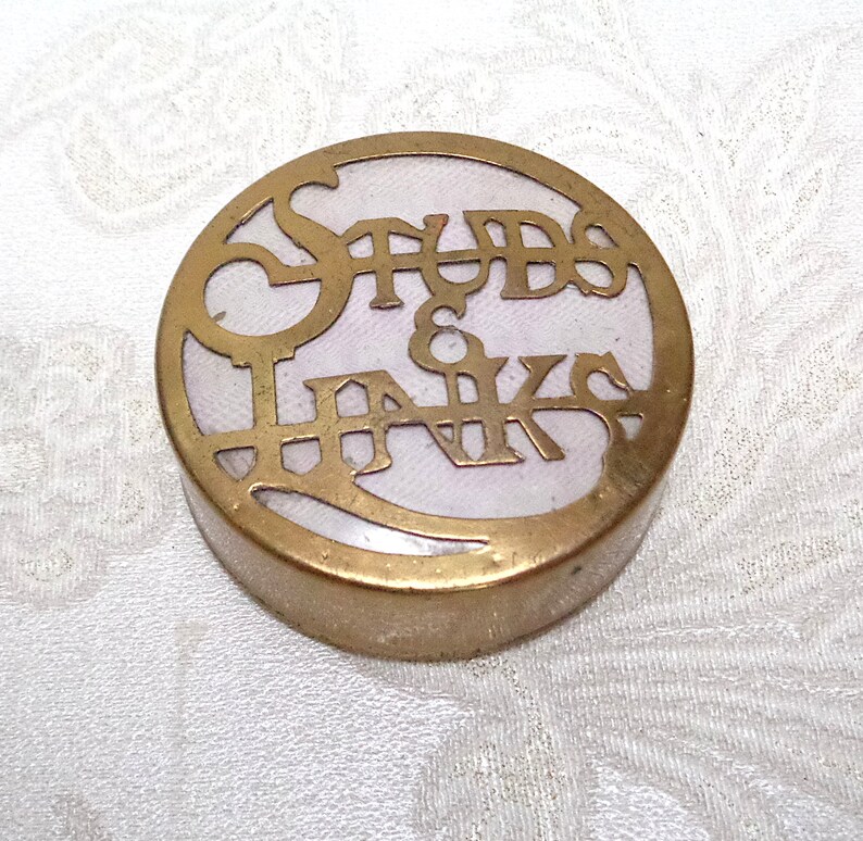 Antique box brass cufflink case for tuxedo studs and cufflinks including 4 sets of vintage mens links and studs