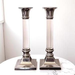 Vintage 1980s Tall Candlestick Pair | Acrylic Glass & Silver-Tone Metal Candle Holders | Made in England | Elegant Retro Home Décor Set of 2