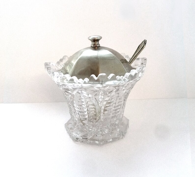 Antique Glass Sugar bowl with a silver plate lid and spoon Etsy