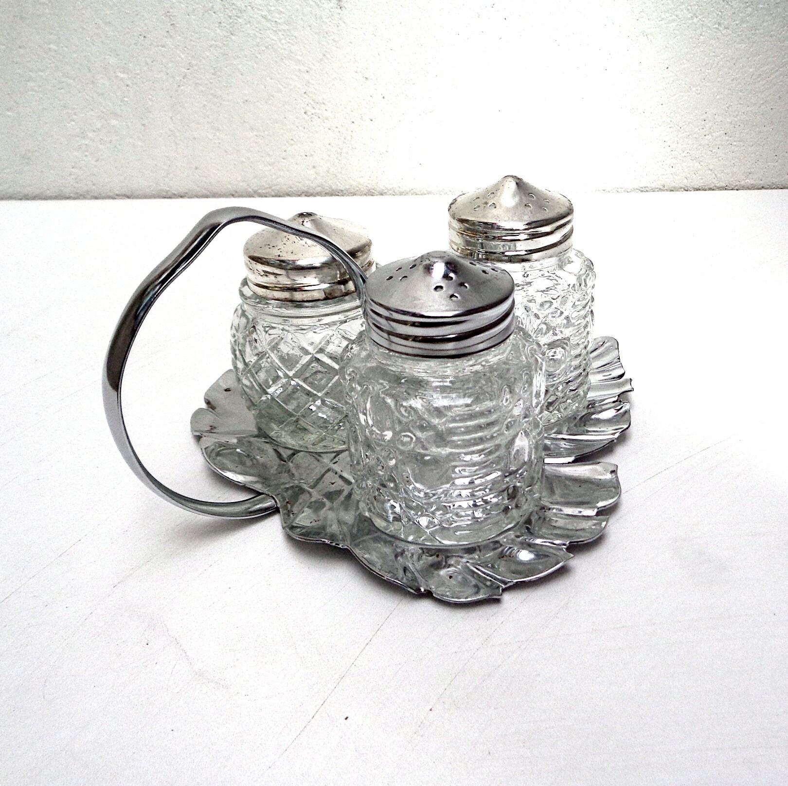Vintage glass condiment set with a metal chrome plate tray Etsy