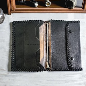 Black Leather Wallet | Vintage billfold credit card holder | Soft leather billfold from 1960s | made in England by Newey